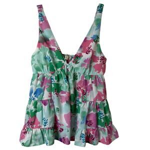 Sm NWOT Entro Watercolor Floral Babydoll Tank Top Tiered Cottagecore Coquette